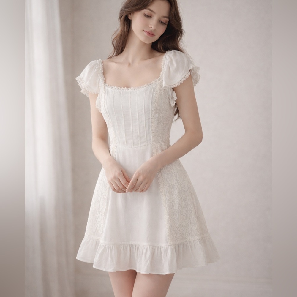 Forever 21 White Lace mini Dress size small milkmaid romantic